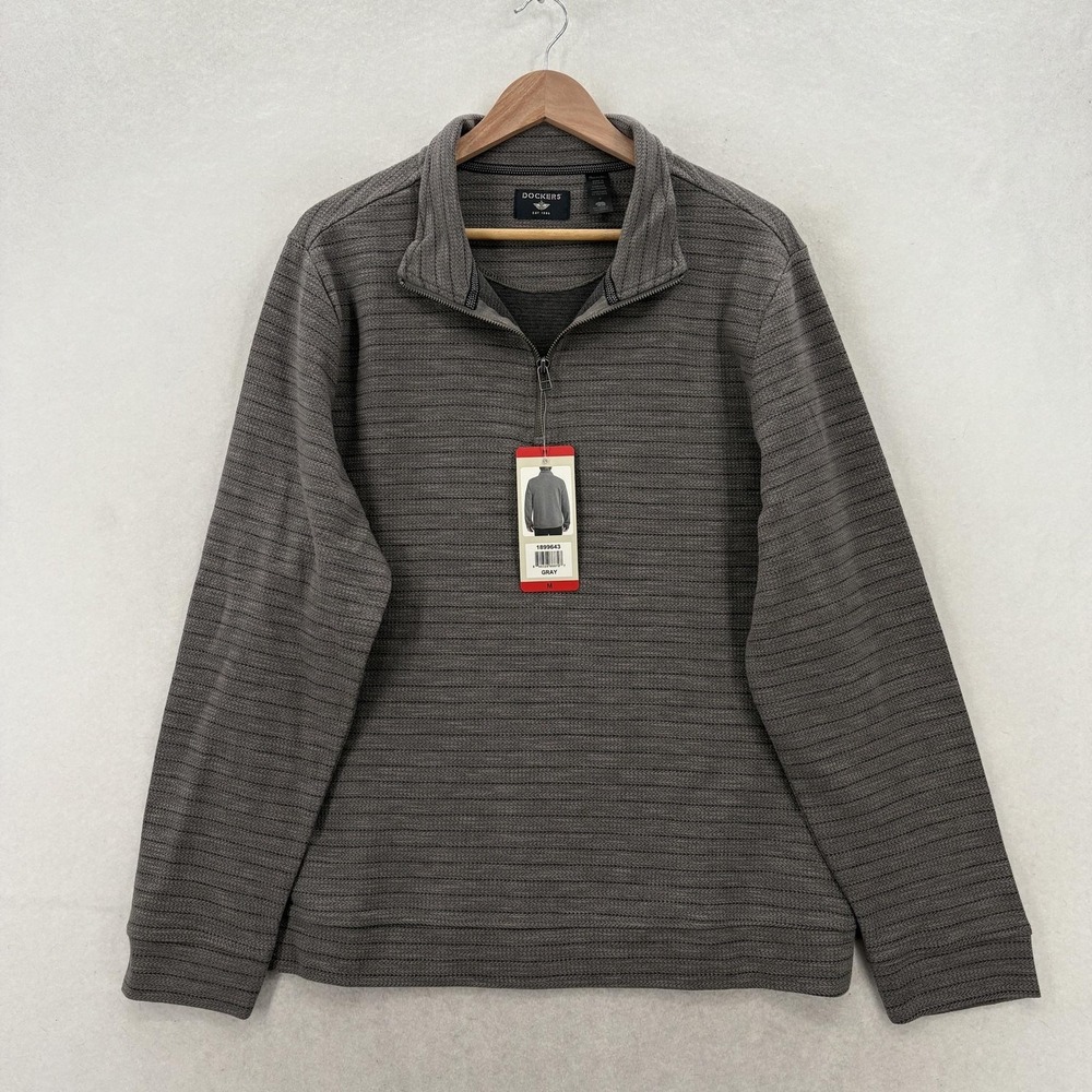Dockers Sweater Mens Medium Gray Herringbone 1/4 Zip Mock Neck Knit Pullover NWT